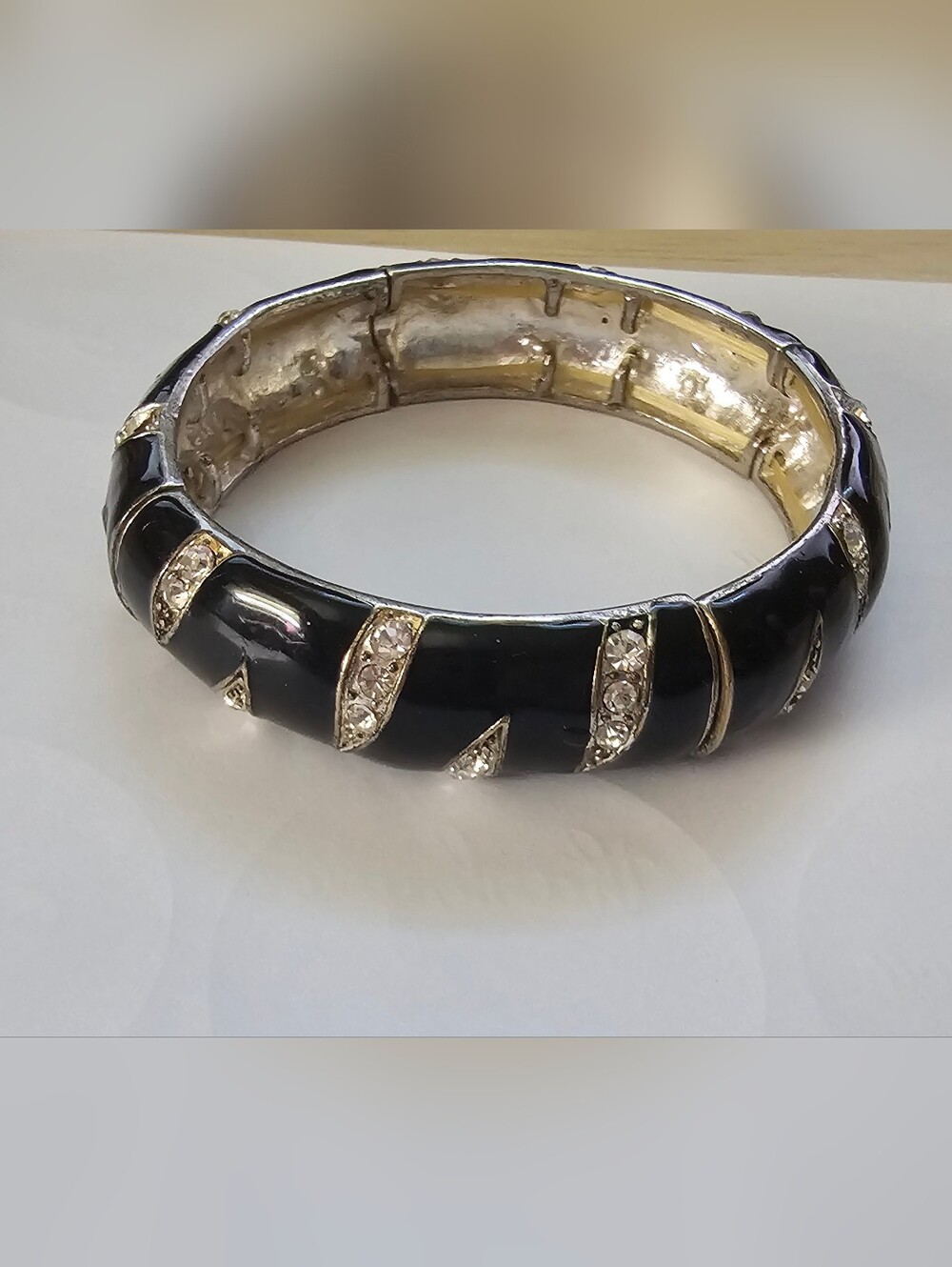 Vintage Black Enamel & Gold Clear Rhinestone Stretch Bangle Bracelet